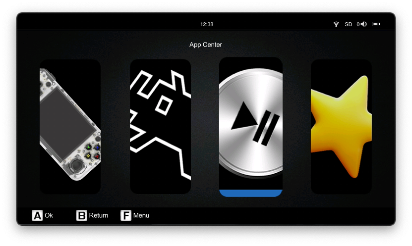 A screenshot from the RG35XX H showing its menu with four icons. The third icon is a play/pause button, and it is highlighted and displays "App Center" at the top of the screen.