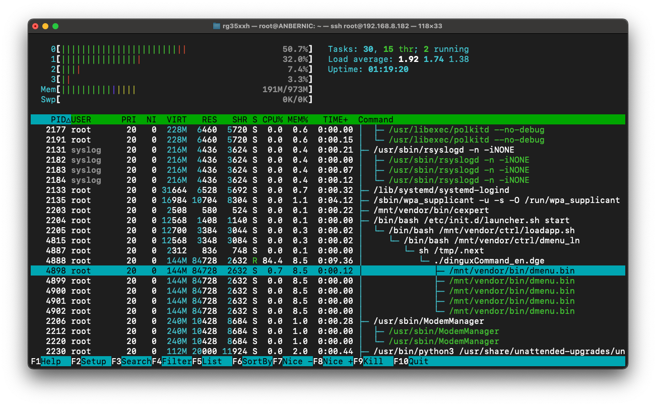 A screenshot of a terminal running htop. It shows that dmenu.bin is now a child of the file manager.